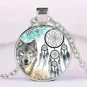 Silver WOLF Glass Cabochon Pendant Necklace